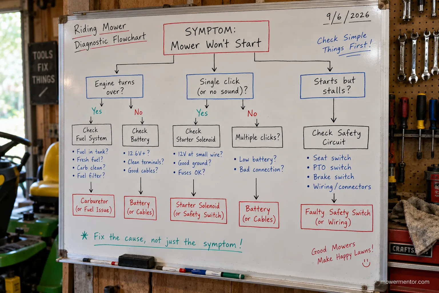 Riding lawn mower won't start decision tree organized by symptom.