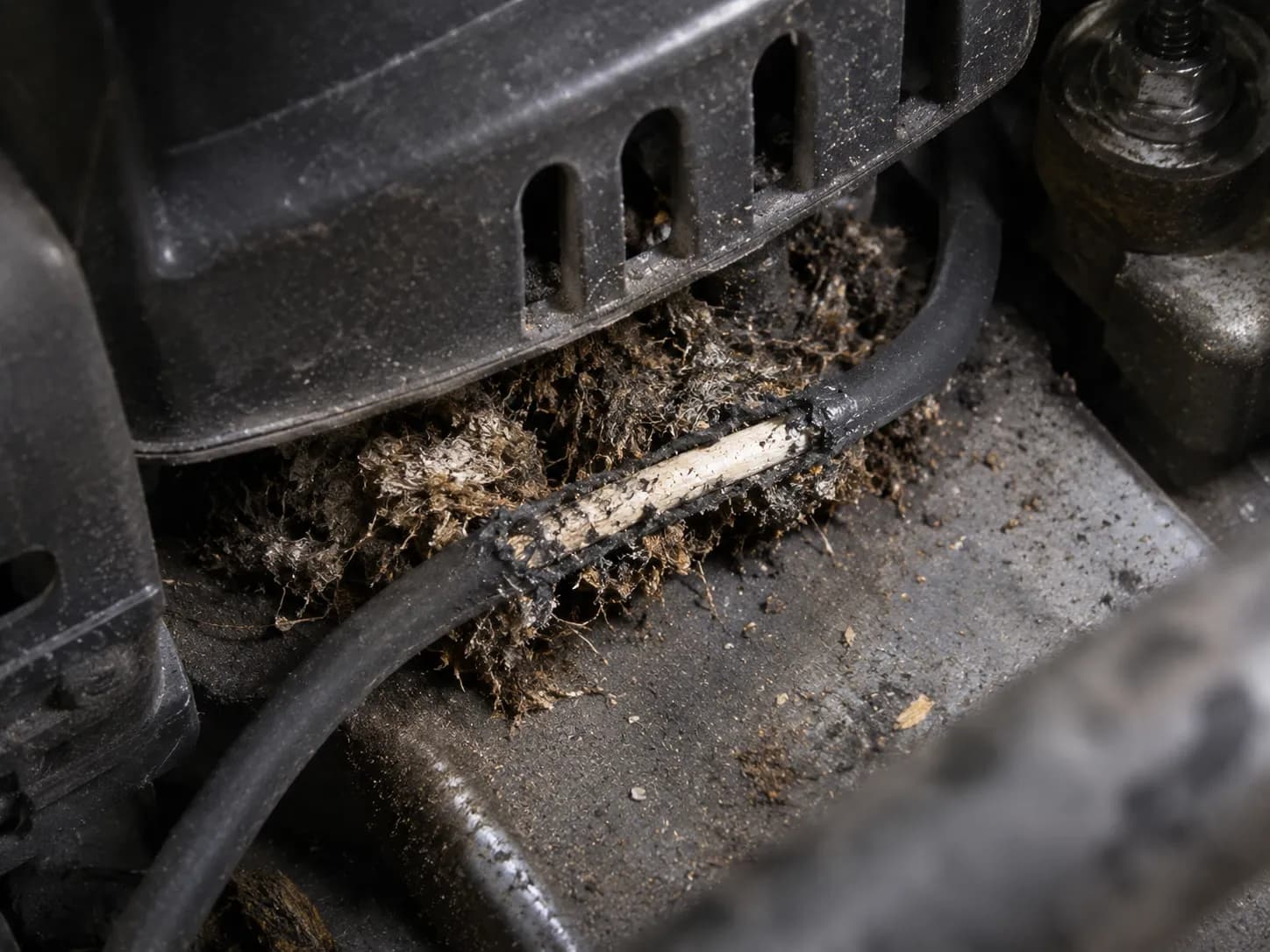 Rodent-chewed lawn mower spark plug wire with damaged insulation exposing the inner core beneath the blower housing, surrounded by nesting debris and dust inside the engine compartment.