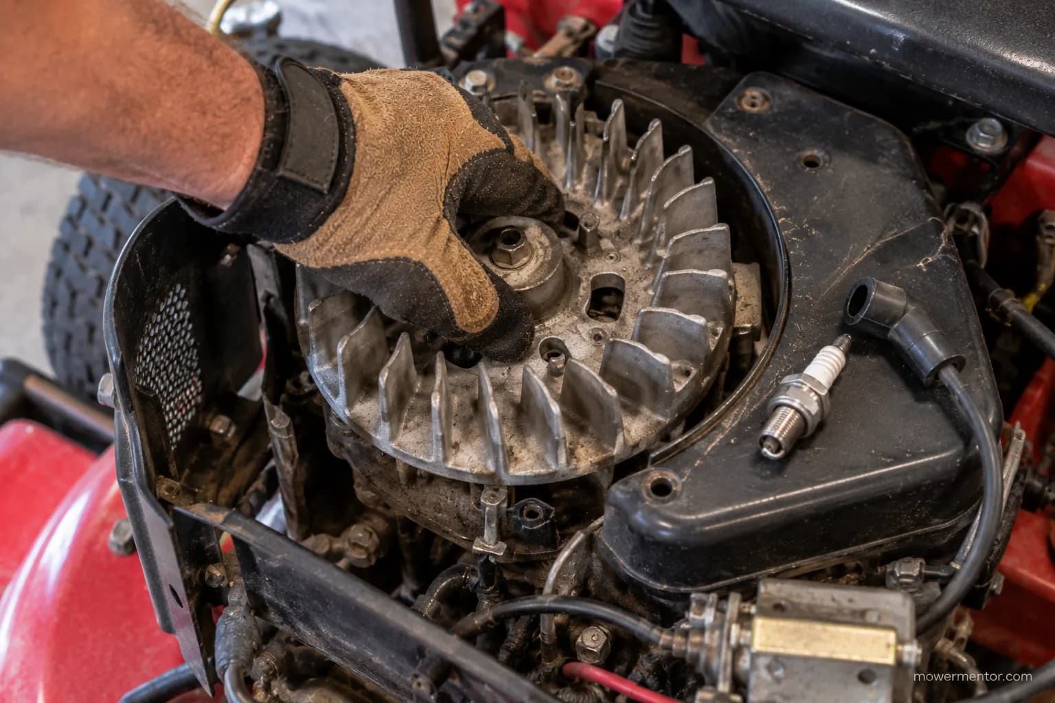 Checking a mower engine rotates by hand with the spark plug removed.