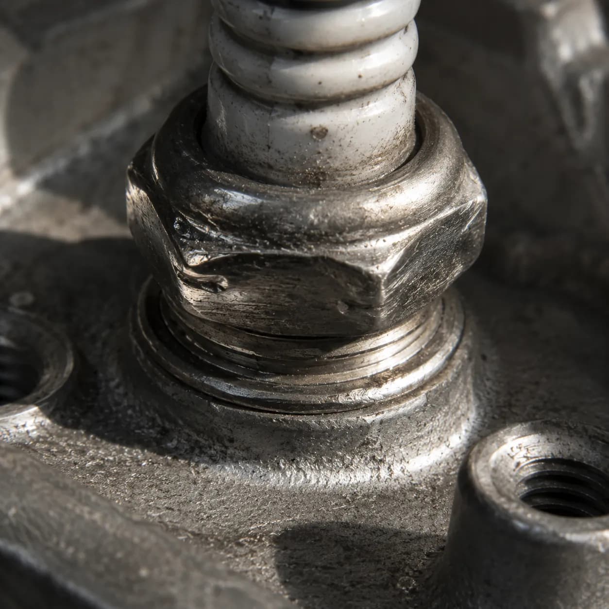 Close-up of a spark plug with rounded hex flats still seized in an aluminum cylinder head after a slipping socket removed the gripping surfaces needed for extraction.