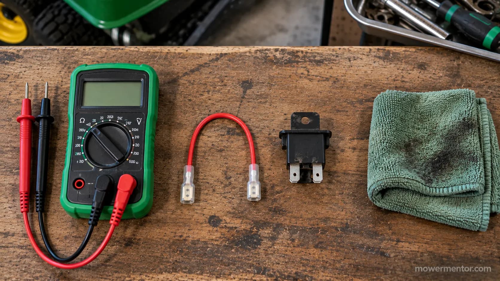 step order for testing riding mower safety switches on a workbench