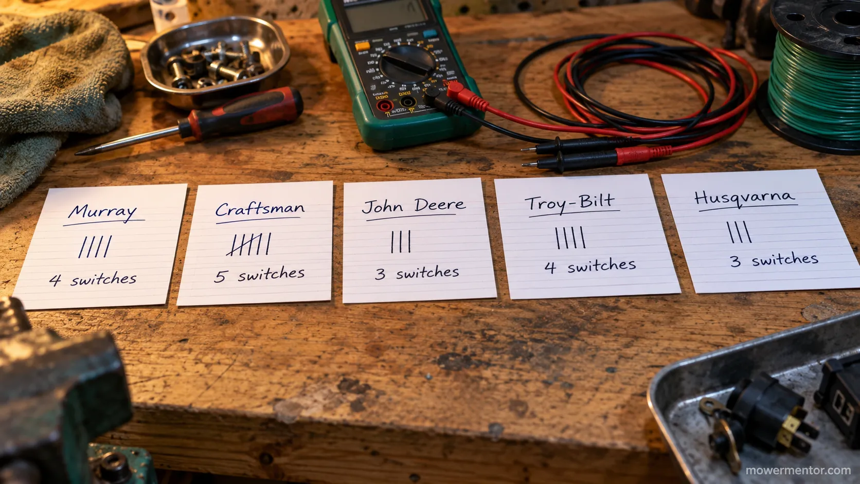 chart of how many safety switches each riding mower brand uses across five machines