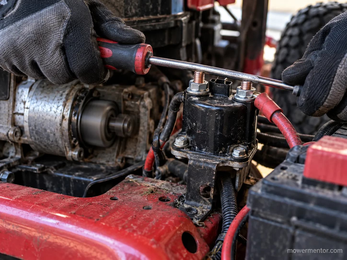 Screwdriver bridging a lawn mower starter solenoid's two large posts to test it