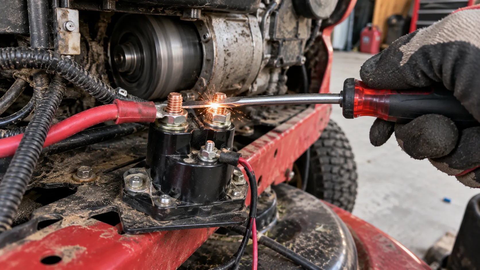 screwdriver bridging the two large posts on a lawn mower starter solenoid to test it