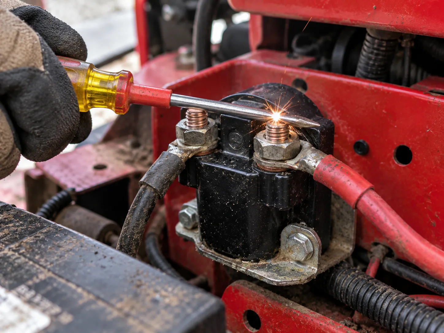 Bridging the two large posts of a Cub Cadet starter solenoid with an insulated screwdriver.