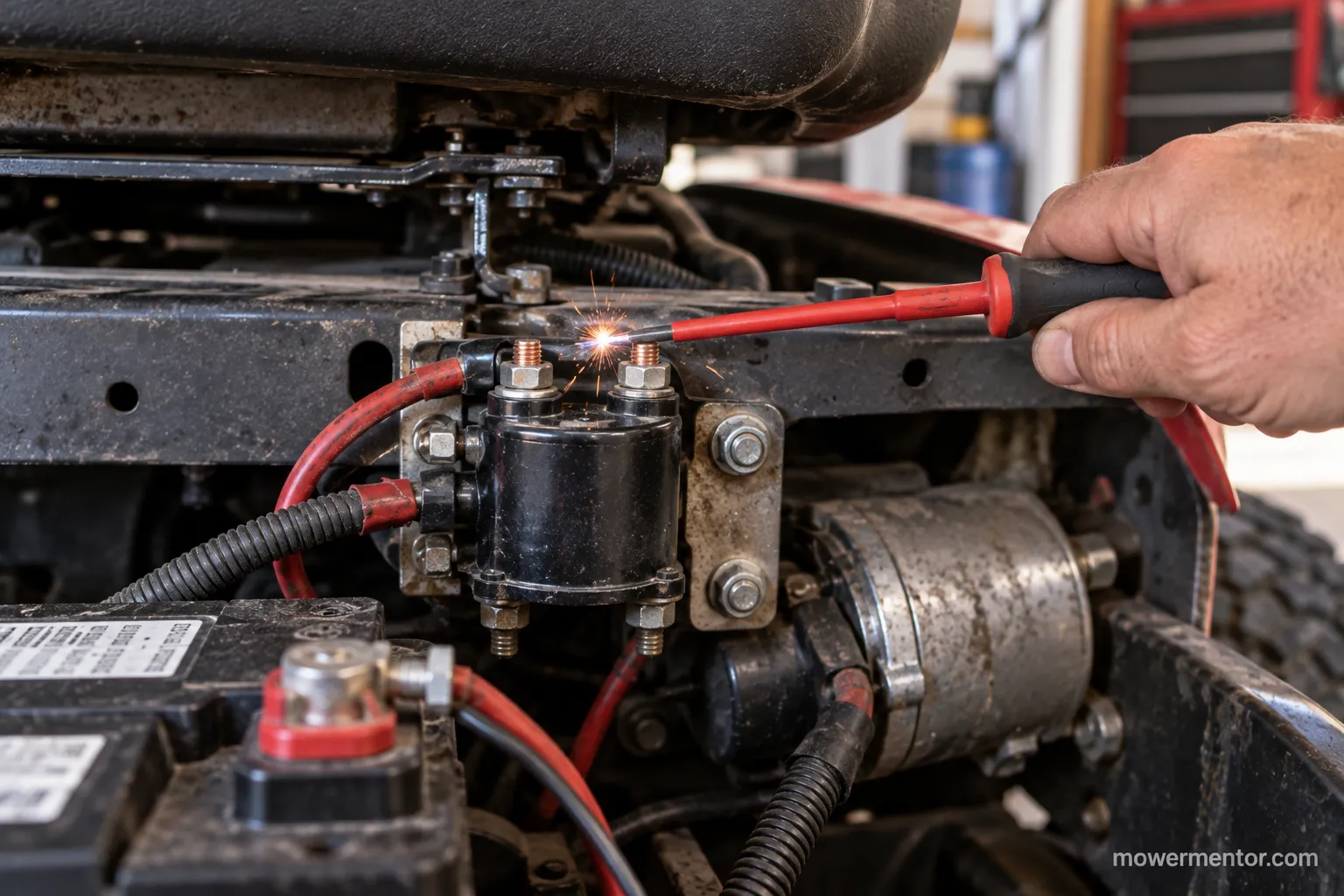 Testing a Husqvarna starter solenoid by bridging the two large posts with an insulated screwdriver