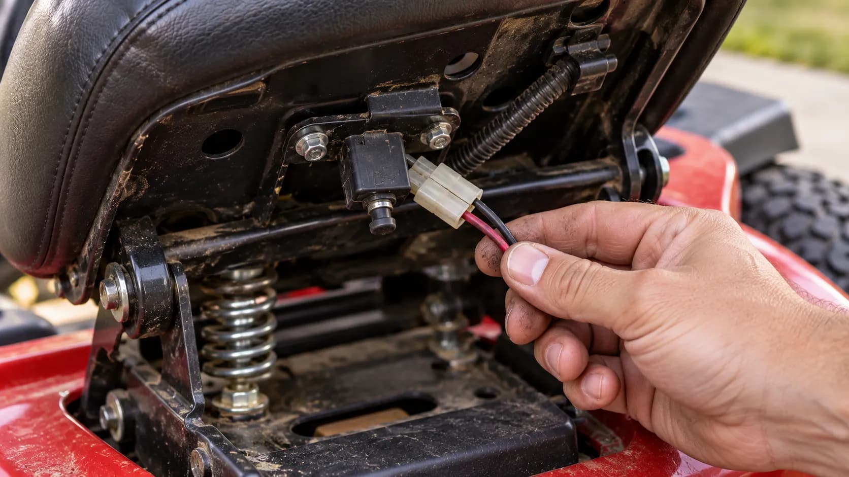 Riding mower seat lifted to show the seat safety switch and its two-wire connector.