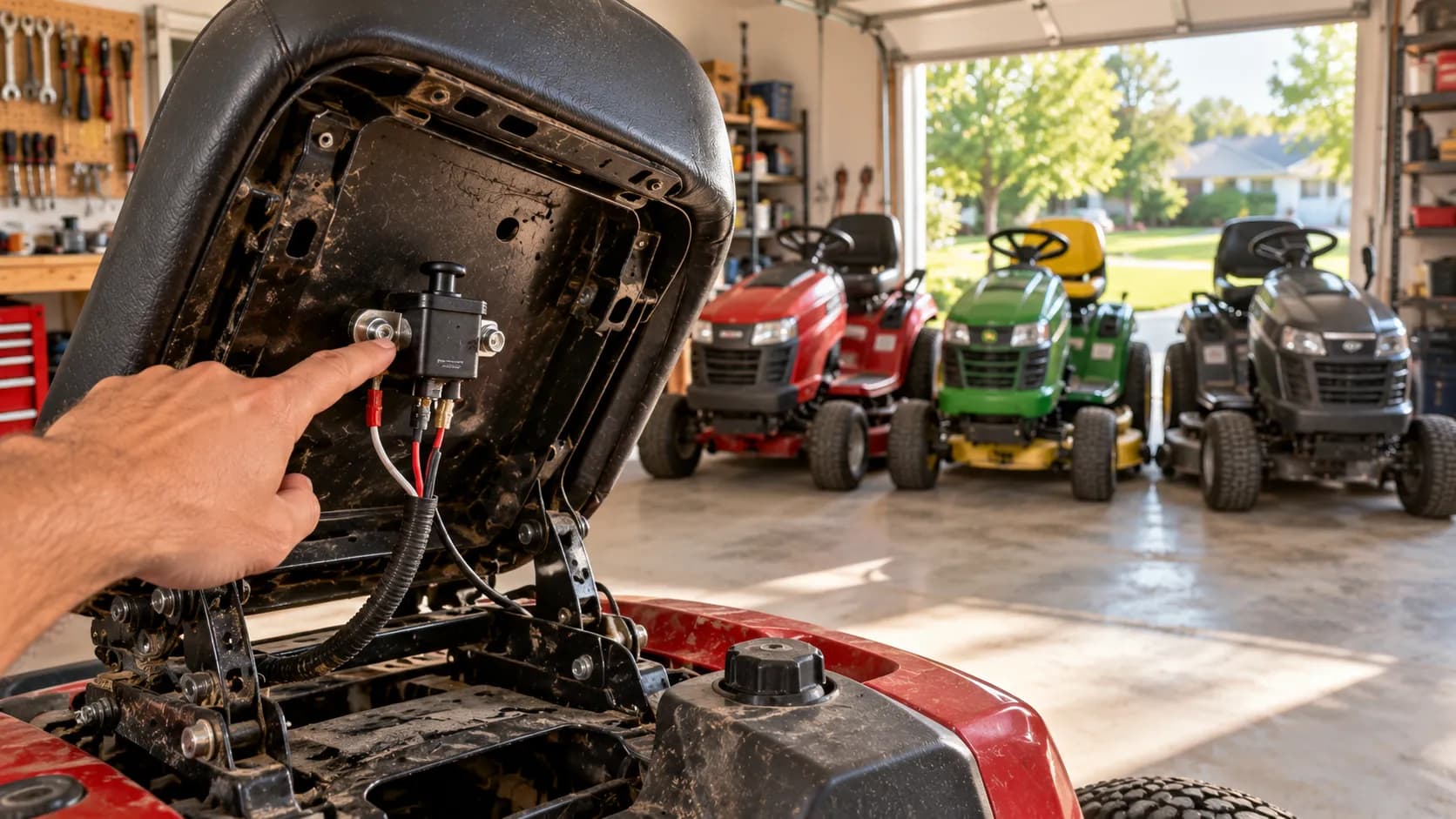 Location of the seat safety switch on a riding mower seat pan