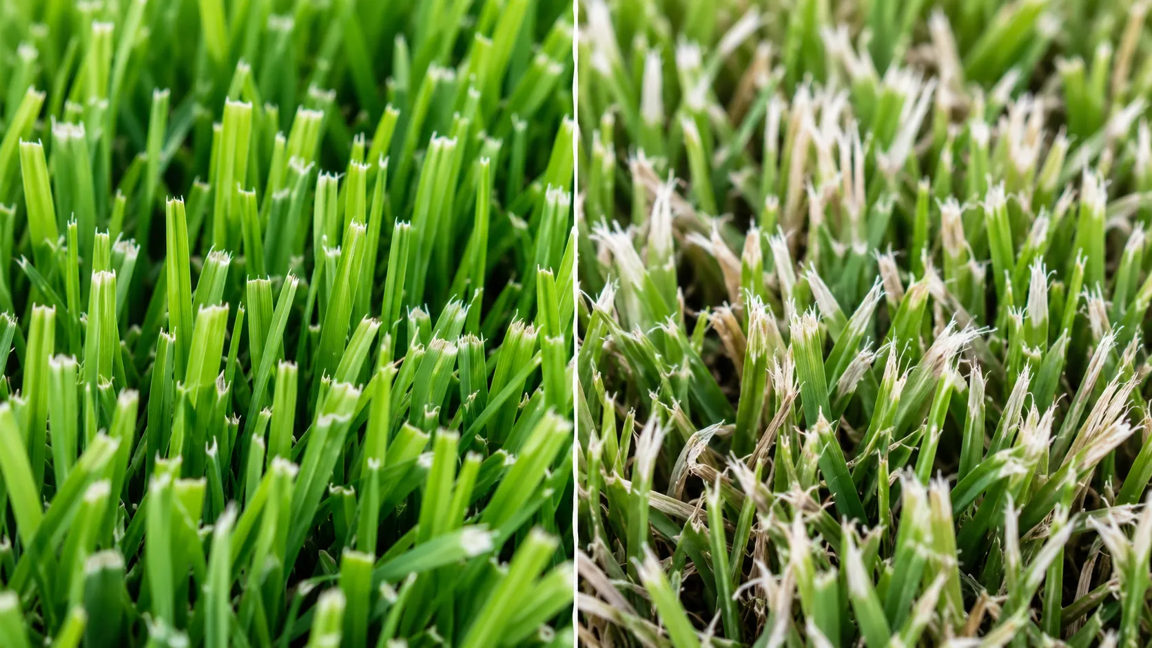 Close-up comparison of cleanly cut grass from a sharp lawn mower blade versus frayed, whitened grass tips from a dull blade.