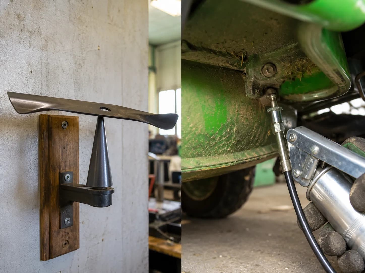 Sharpened lawn mower blade balanced on a nail balancer beside a grease gun lubricating a mower deck zerk fitting during routine maintenance.