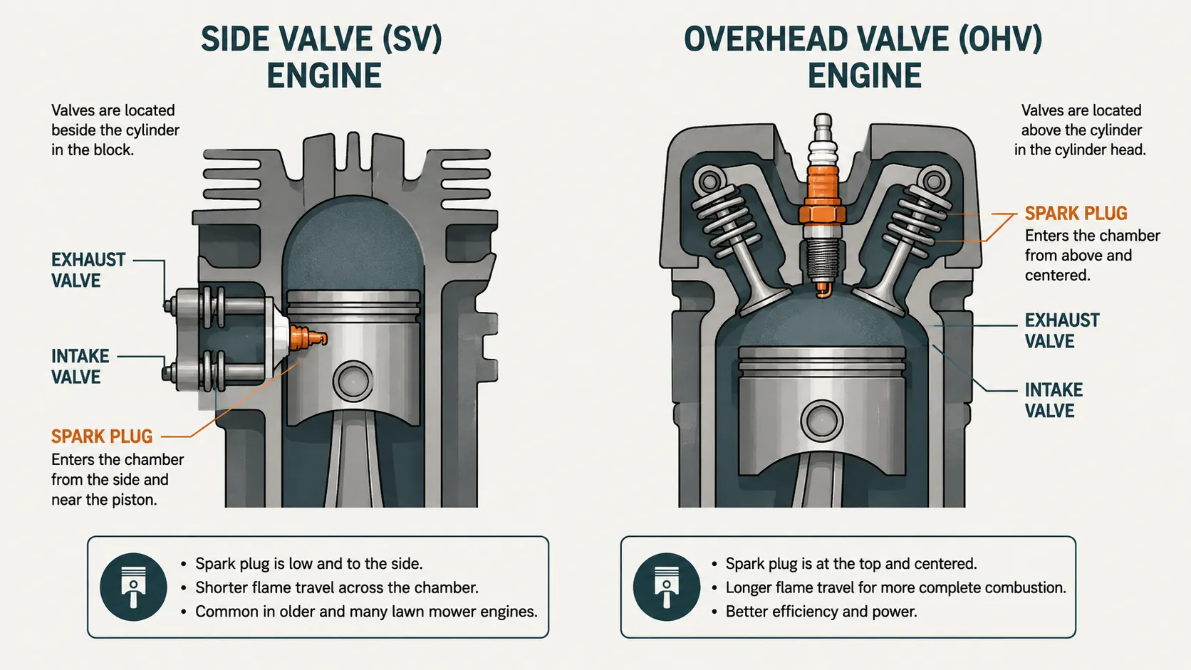 Cutaway diagram comparing spark plug position in side valve and overhead valve small engines, showing valve layout, combustion chamber design, and plug location relative to the piston.