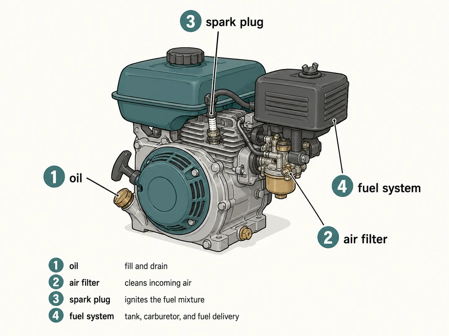 Technical diagram of a generic single-cylinder small engine showing four service points: oil fill and drain, air filter, spark plug, and fuel system.
