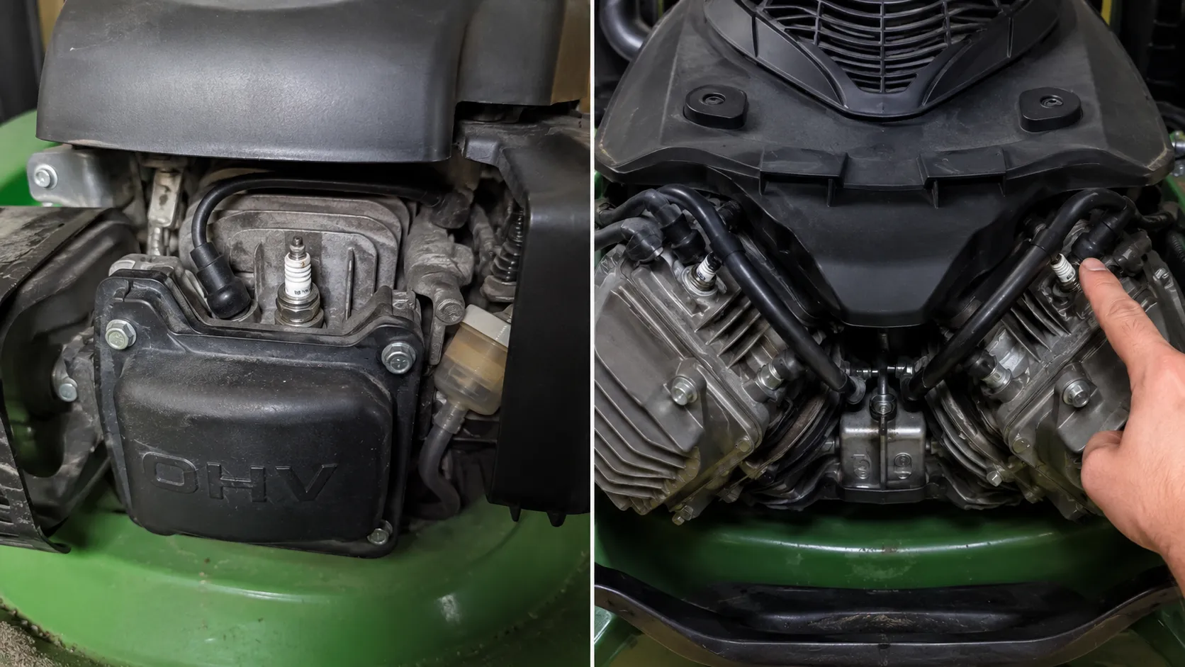 Side-by-side comparison of a single-cylinder mower engine with one visible spark plug and a V-twin mower engine with two spark plugs, highlighting the second spark plug location with a finger.