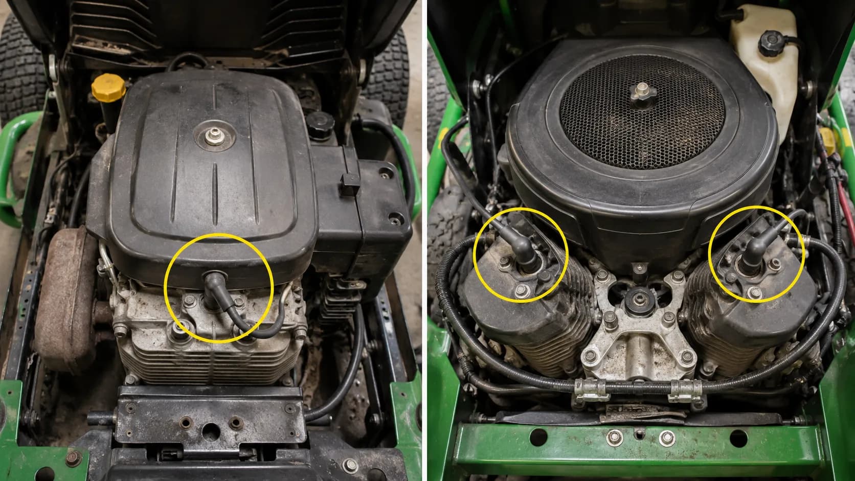 Side-by-side comparison of a single-cylinder and V-twin riding mower engine, highlighting one spark plug lead versus two spark plug leads for easy engine identification.