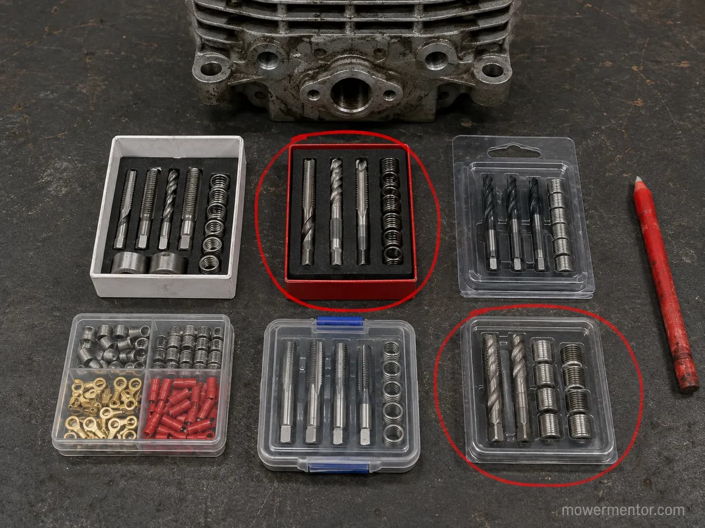 Six lawn mower spark plug repair kits arranged on a workshop bench, with two suitable kits circled in red beside an aluminium mower cylinder head.