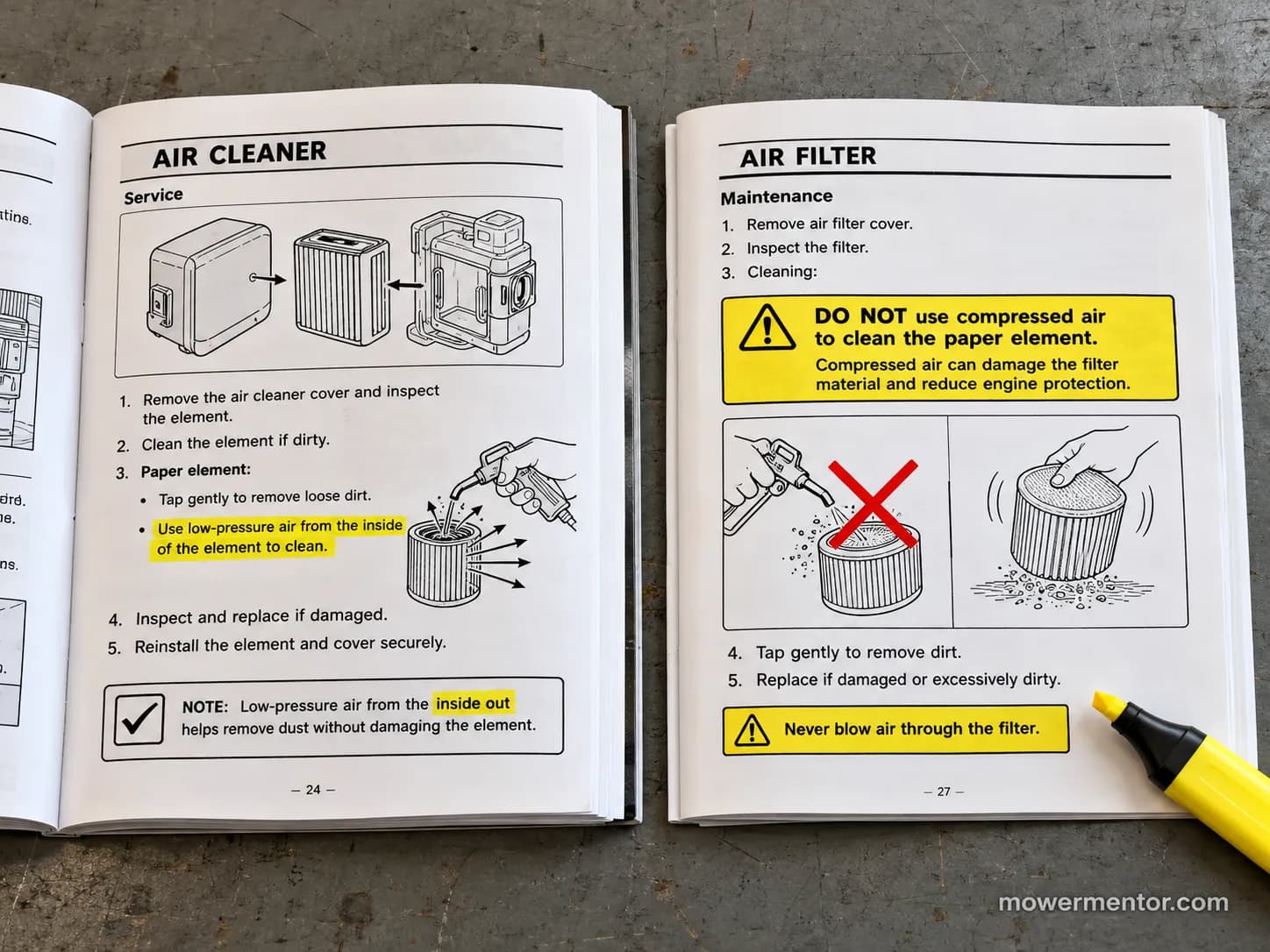 Two small-engine air filter manuals showing different cleaning instructions, with one permitting low-pressure air and the other warning against compressed air.