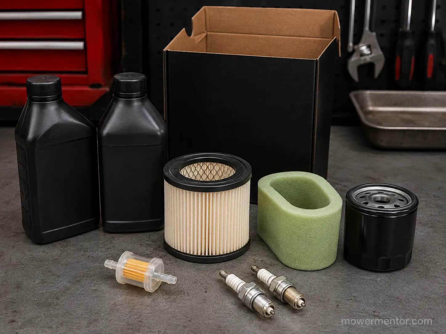 Complete small engine maintenance kit with two oil bottles, air filters, oil filter, fuel filter, and two spark plugs arranged on a workshop bench.