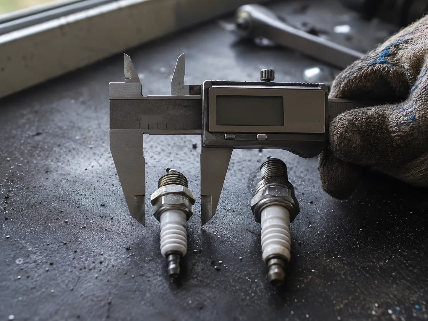 Digital caliper measuring the hex of a small-engine spark plug beside a second spark plug on a dark workshop bench.