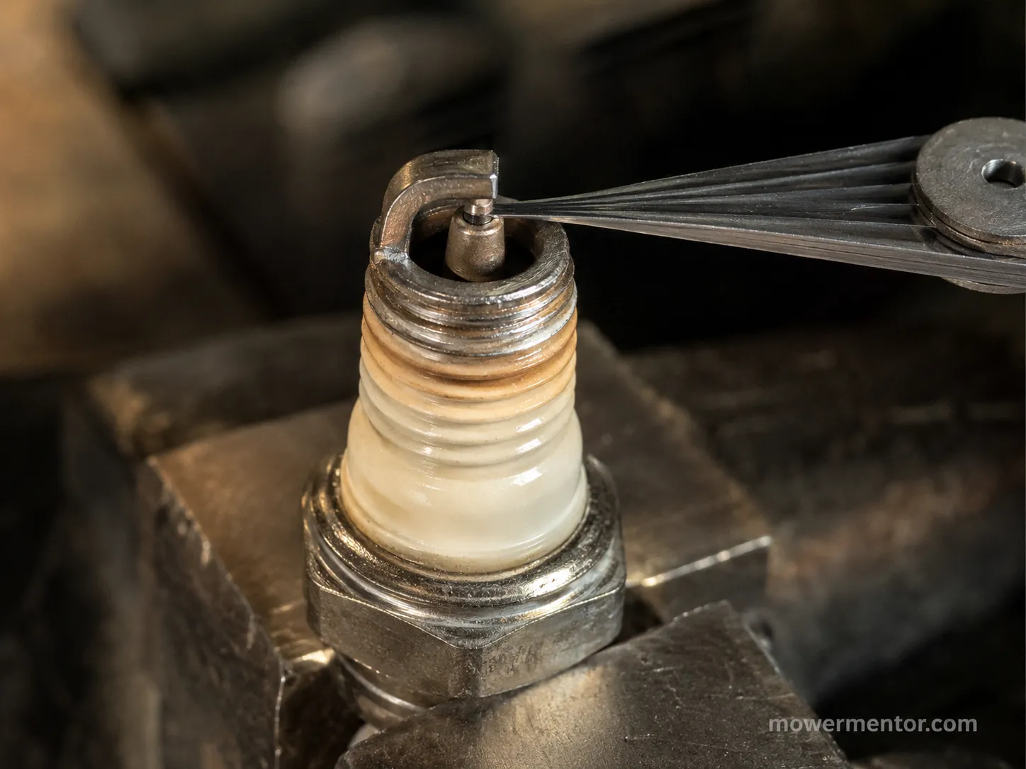 Used small engine spark plug in a bench vise with a gap gauge checking the 0.028-inch electrode gap after three seasons and about 52 hours.