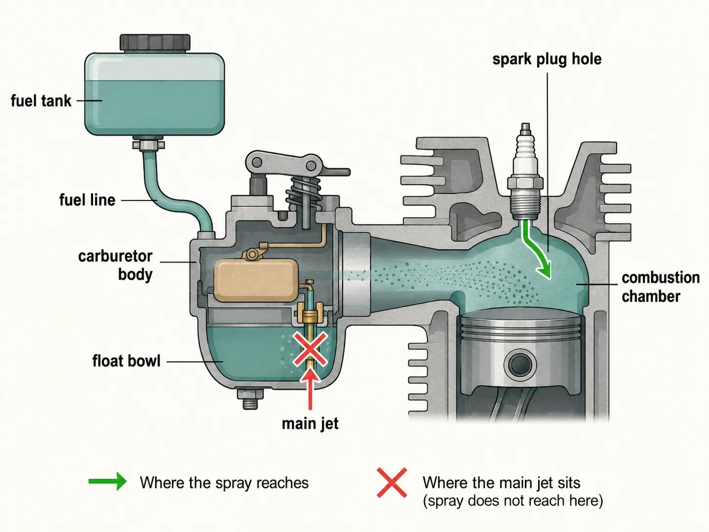 Technical diagram showing a small engine cutaway where spray enters through the spark plug hole into the combustion chamber, while the carburetor main jet in the float bowl is marked as unreachable.