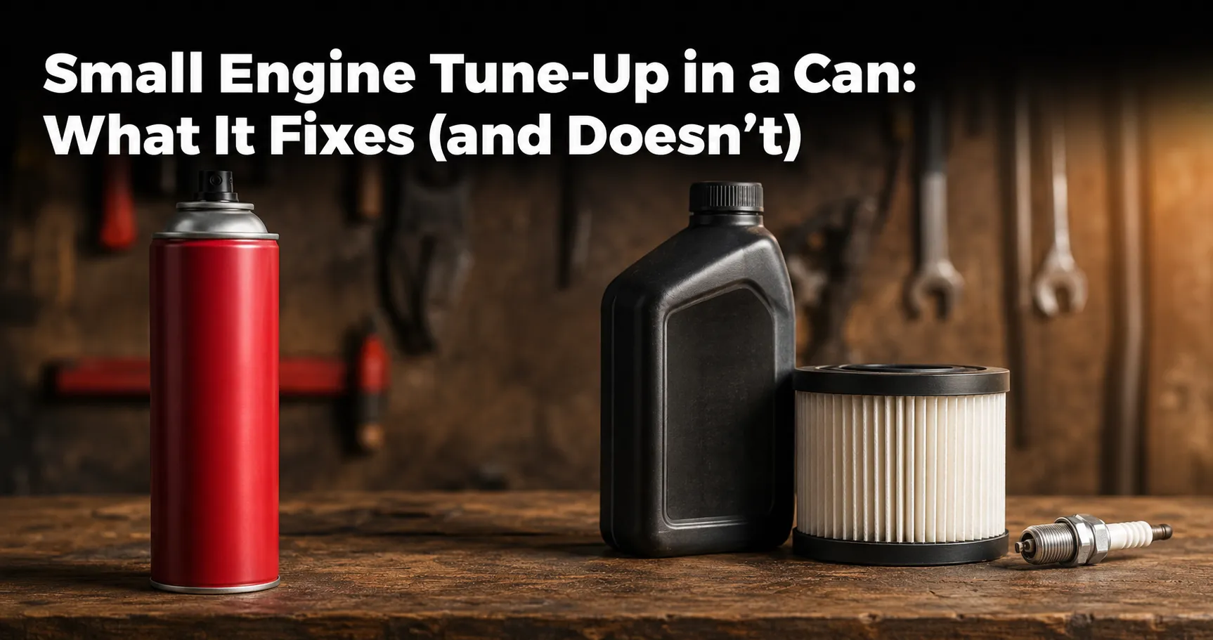 Small engine tune-up spray can beside engine oil, air filter, and spark plug on a wooden workbench, illustrating what a tune-up-in-a-can can and cannot replace during engine maintenance.