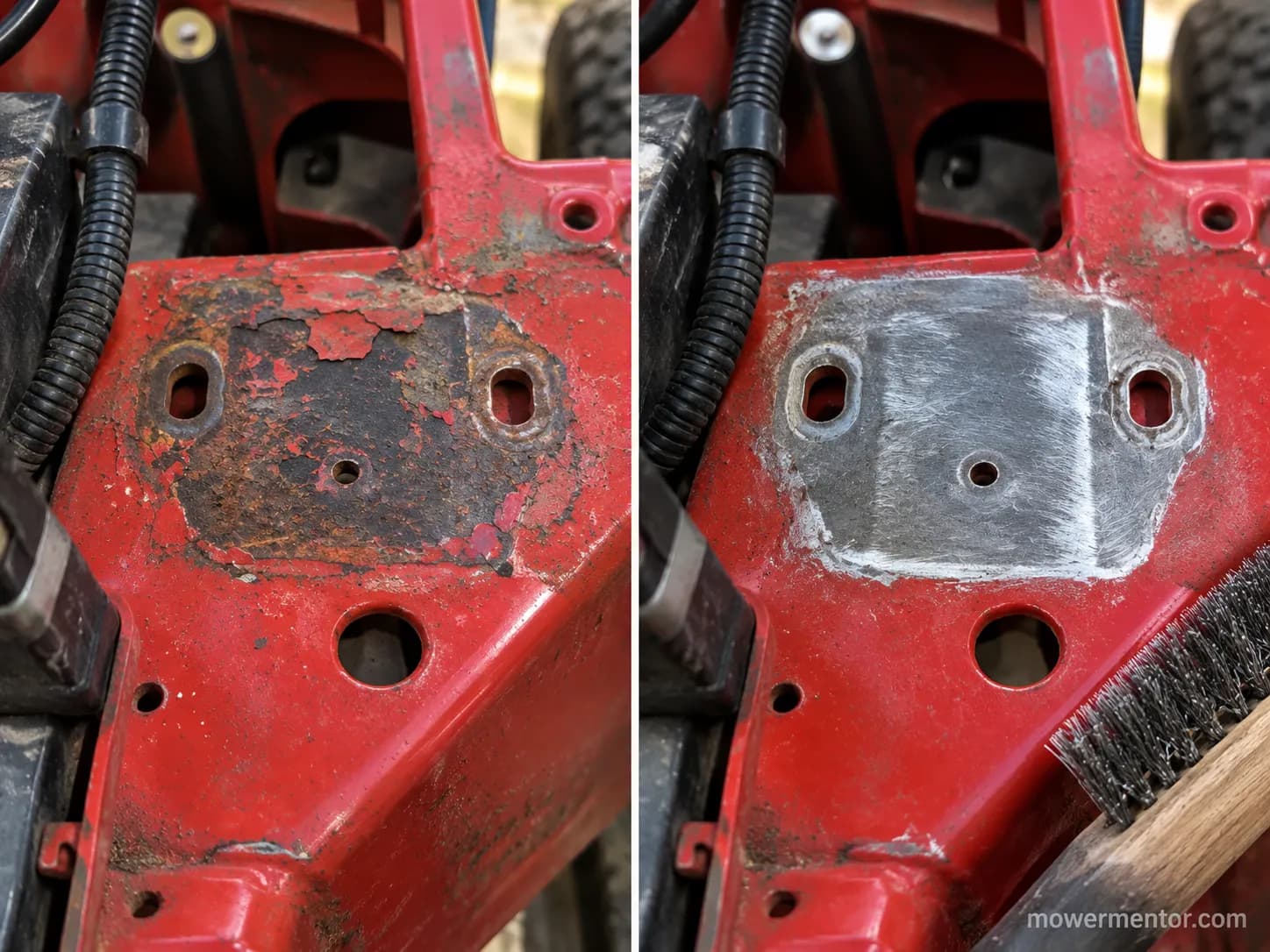Wire-brushed mounting seat before installing a new Cub Cadet starter solenoid for a clean ground.