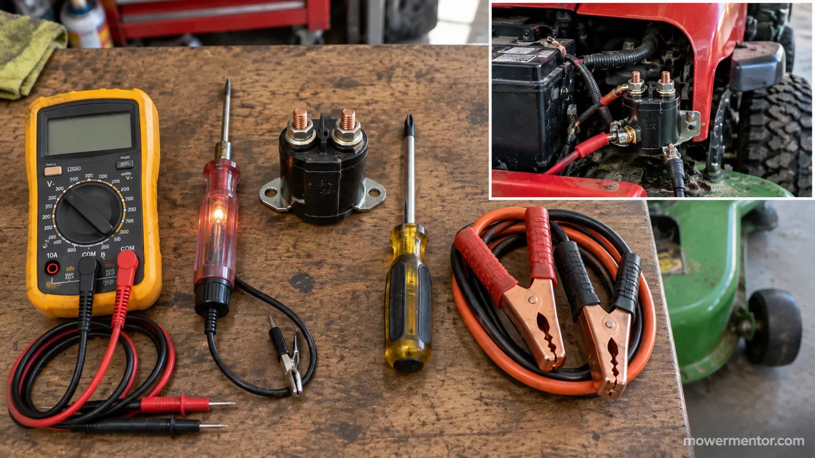 Multimeter, test light, insulated screwdriver, and jumper cables beside a mower starter solenoid.
