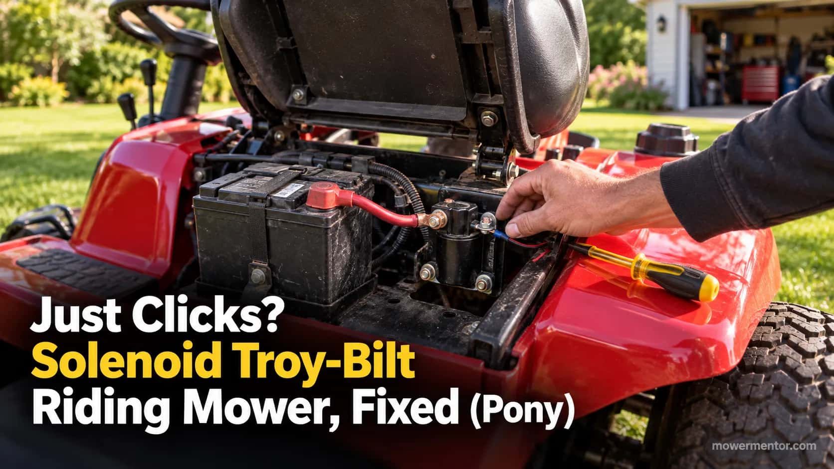 Red Troy-Bilt Bronco riding mower with the seat up exposing the starter solenoid, insulated screwdriver resting on the fender.