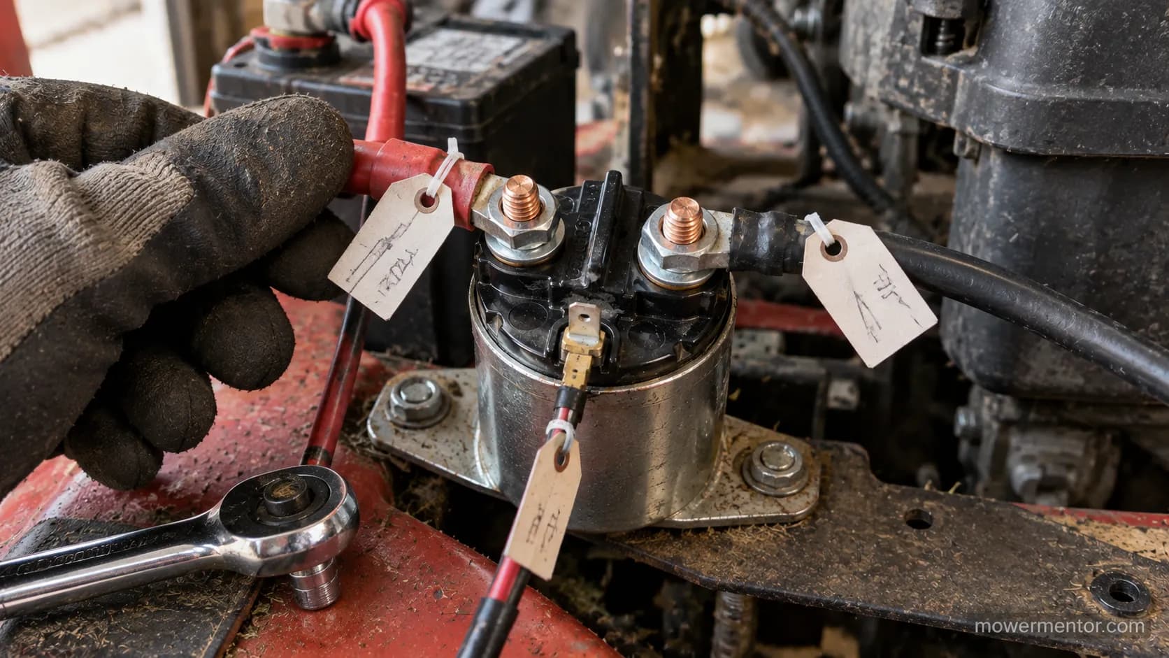 Lawn mower solenoid with battery and starter cables tagged during a wiring swap test.