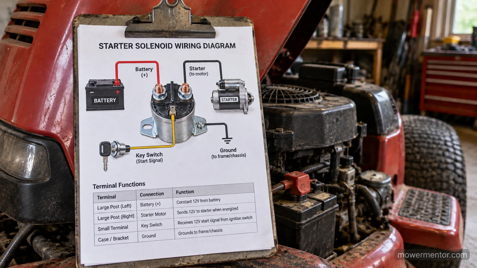 Printable lawn mower starter solenoid wiring diagram sheet on a clipboard by a mower hood.