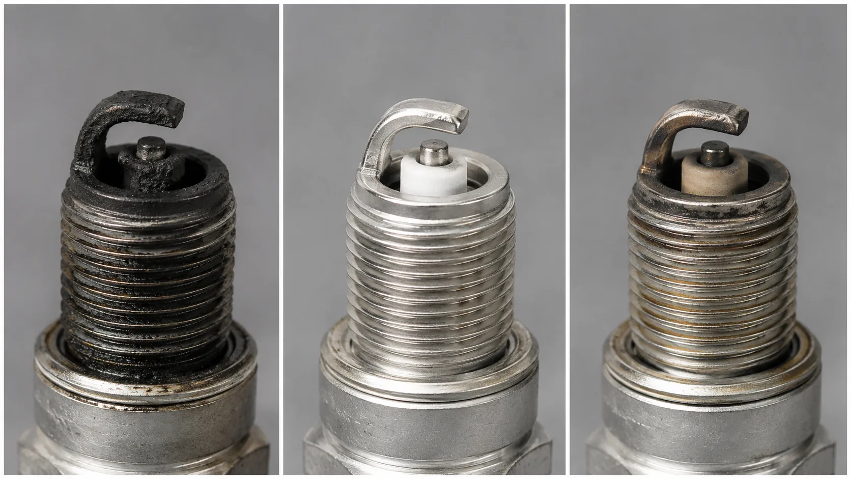 Three-panel comparison of the same lawn mower spark plug showing its condition when removed, after cleaning, and after four hours of engine use, highlighting carbon deposits and electrode condition.