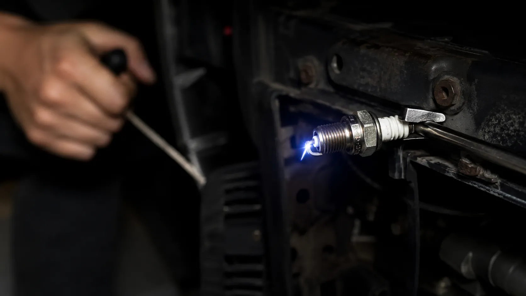 Spark plug grounded against a metal engine bracket produces a bright blue spark during a pull-start ignition test, confirming spark while a hand pulls the recoil starter in the background.