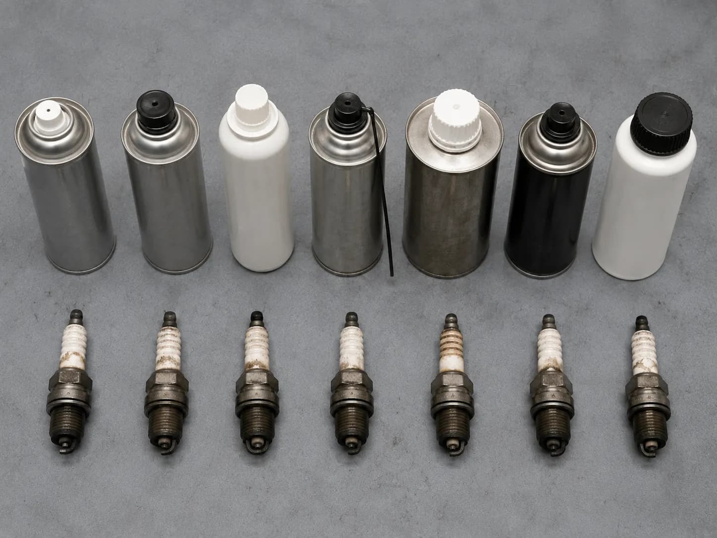 Overhead view of seven spark plug cleaning products arranged above seven used spark plugs, prepared for a side-by-side 60-second cleaning comparison test.