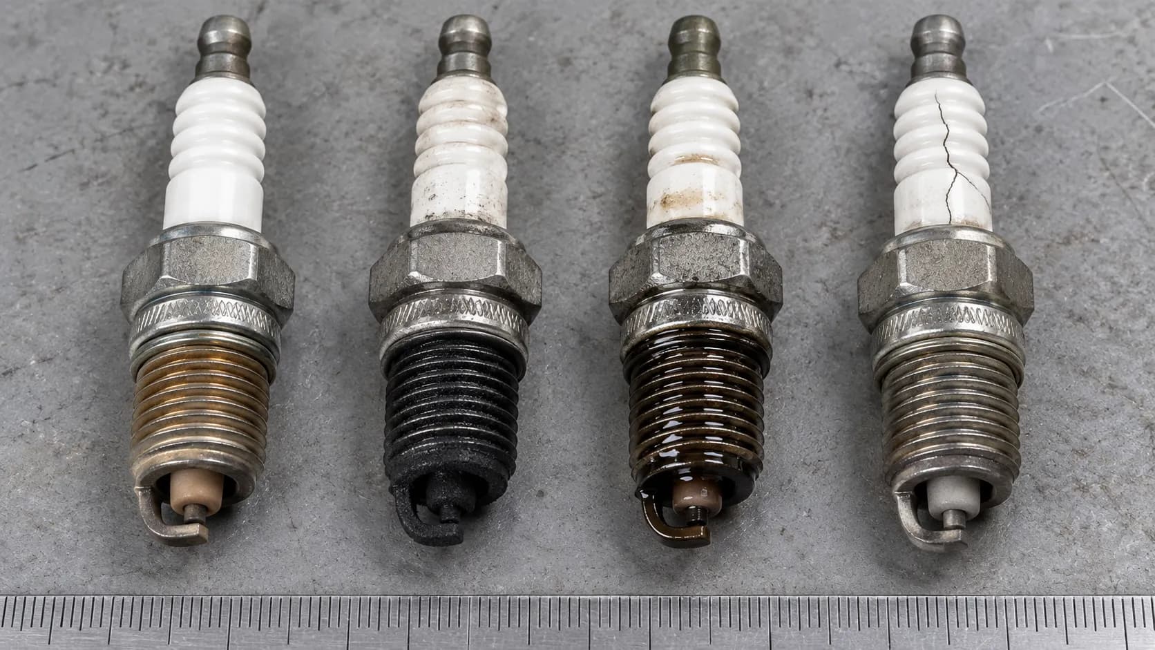 Four spark plugs showing common condition examples: normal light tan, carbon fouled, fuel soaked, and cracked ceramic insulator, helping diagnose lawn mower engine ignition and combustion problems.