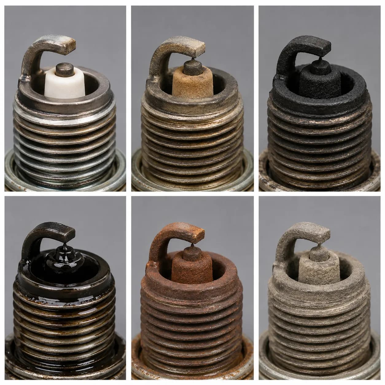 Macro comparison of used small-engine spark plugs showing different firing-end deposit conditions, photographed under identical lighting to compare clean, carbon-fouled, oil-fouled and rusty.