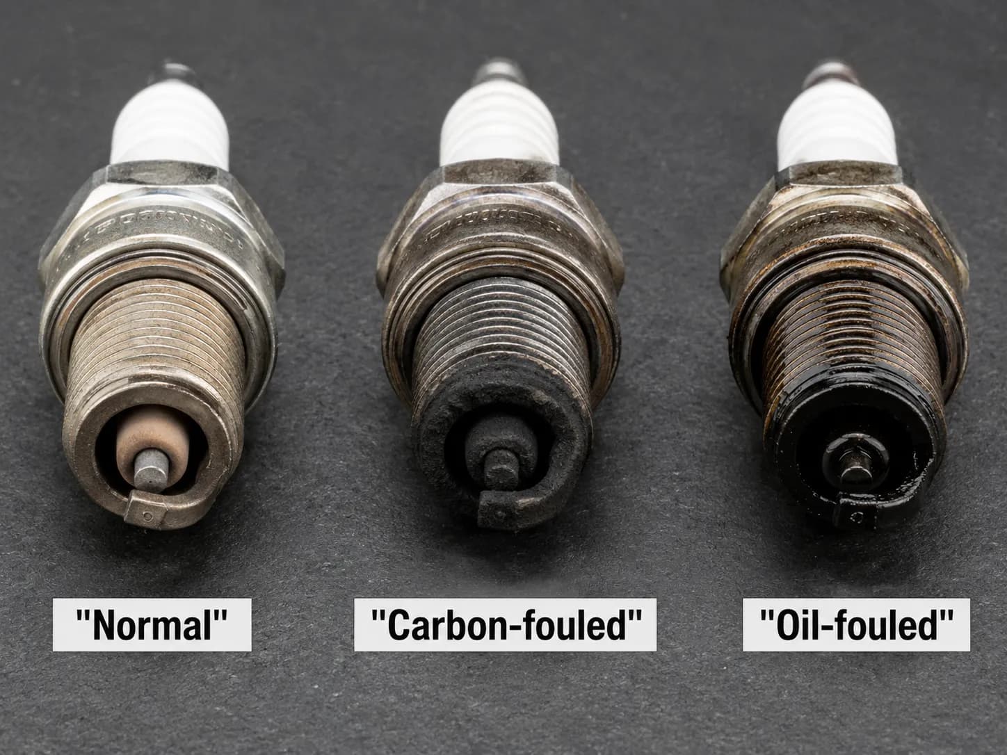 Three used lawn mower spark plugs labeled Normal, Carbon-fouled, and Oil-fouled, showing clean, sooty, and oily electrode conditions side by side.