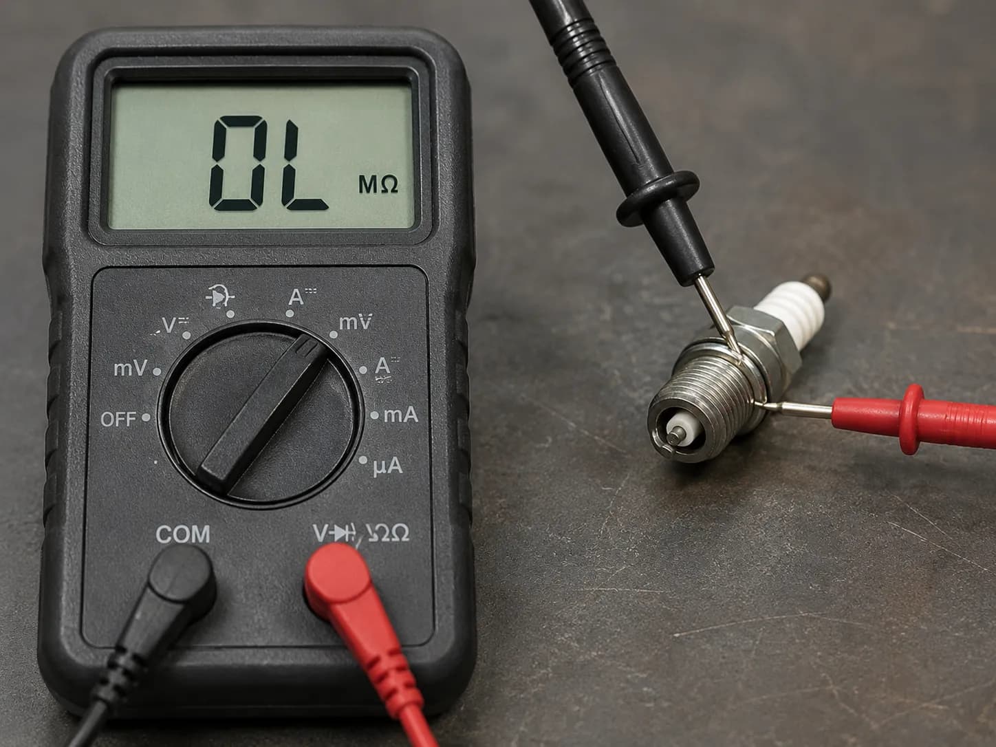 Digital multimeter testing continuity on a clean used spark plug with probes touching the terminal and centre electrode, displaying an open circuit, indicating a failed or dead spark plug.