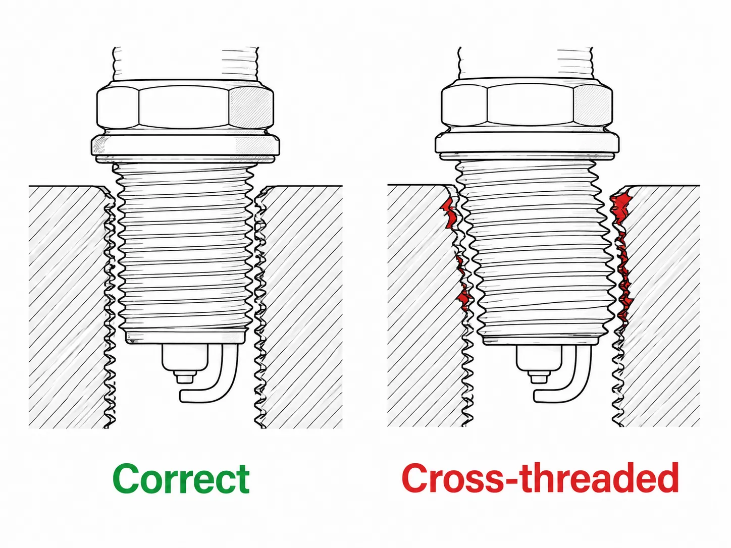 Technical diagram comparing correctly threaded and cross-threaded spark plug installation in a cylinder head, highlighting damaged threads and proper thread engagement in cross-section.