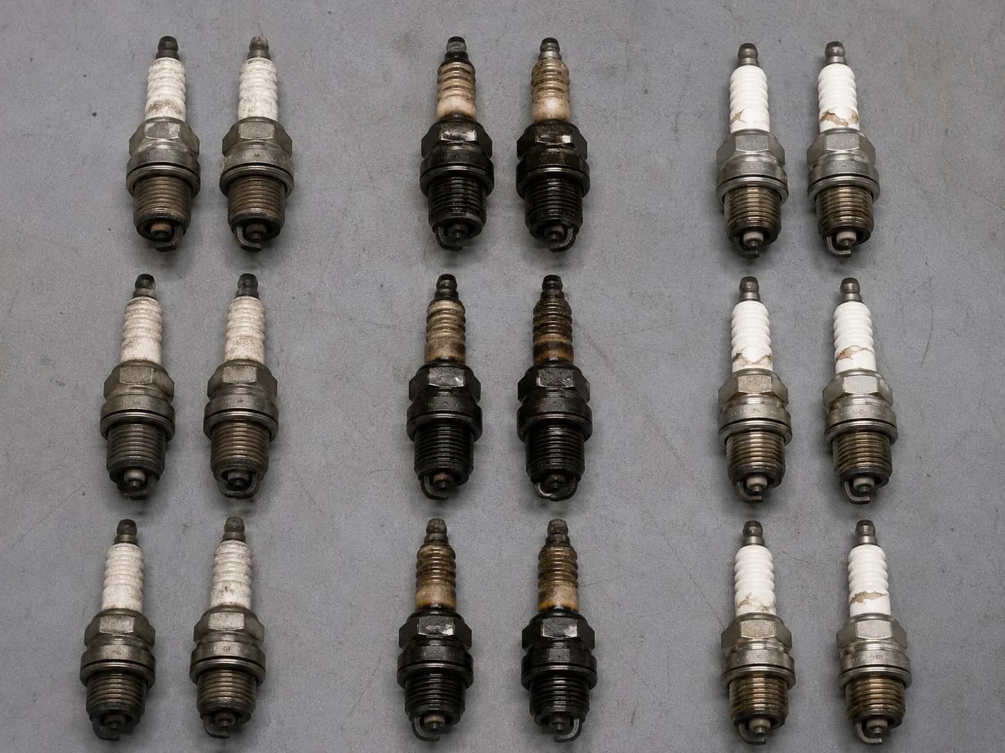 Overhead view of twelve used small-engine spark plugs grouped by condition, including normal deposits, carbon fouling, oily deposits, and chipped ceramic insulators.