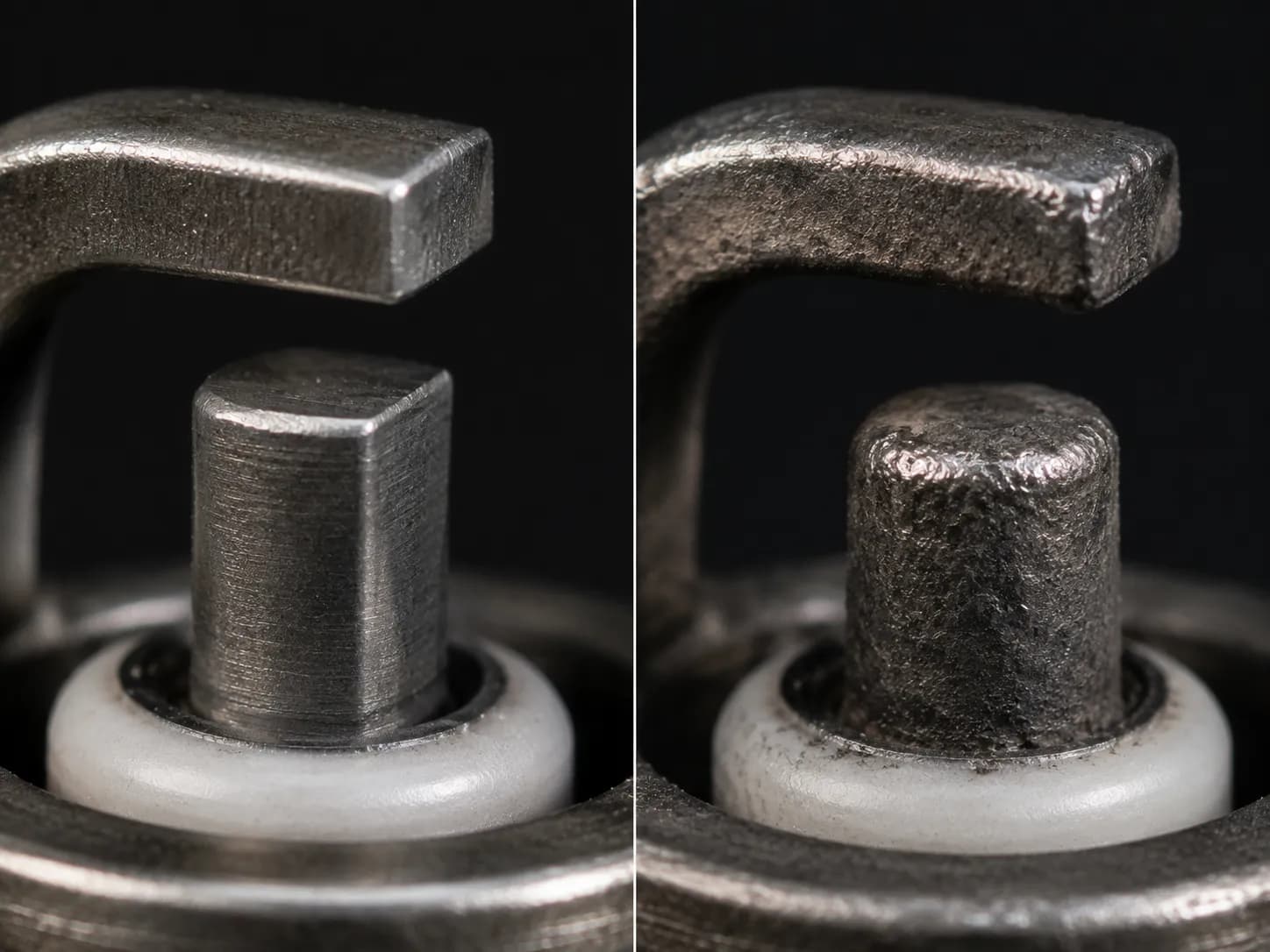 Side-by-side macro comparison of a spark plug with sharp electrode edges and one with rounded, pitted edges, illustrating wear that can weaken spark performance and justify replacement.