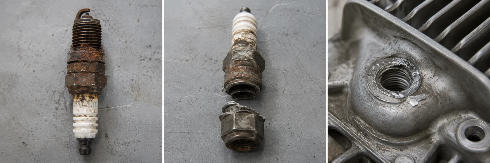 Comparison of three spark plug failures: a seized but intact spark plug, a spark plug snapped at the hex, and an aluminum cylinder head with stripped spark plug threads.