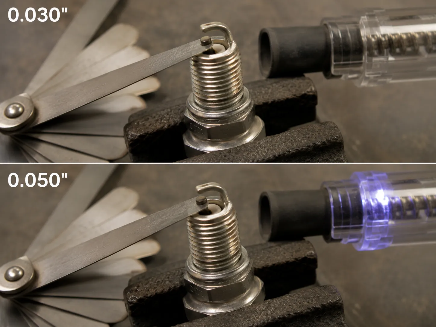 Feeler gauge measuring 0.030-inch and 0.050-inch spark plug gaps on a Briggs 550EX spark plug, demonstrating wider electrode spacing during inline spark tester performance testing.