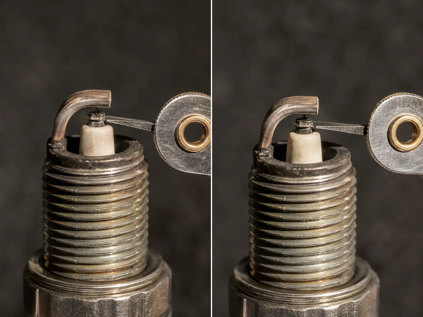 Two-panel macro showing a feeler gauge measuring a small-engine spark plug gap before adjustment and after setting it to the correct engine specification.