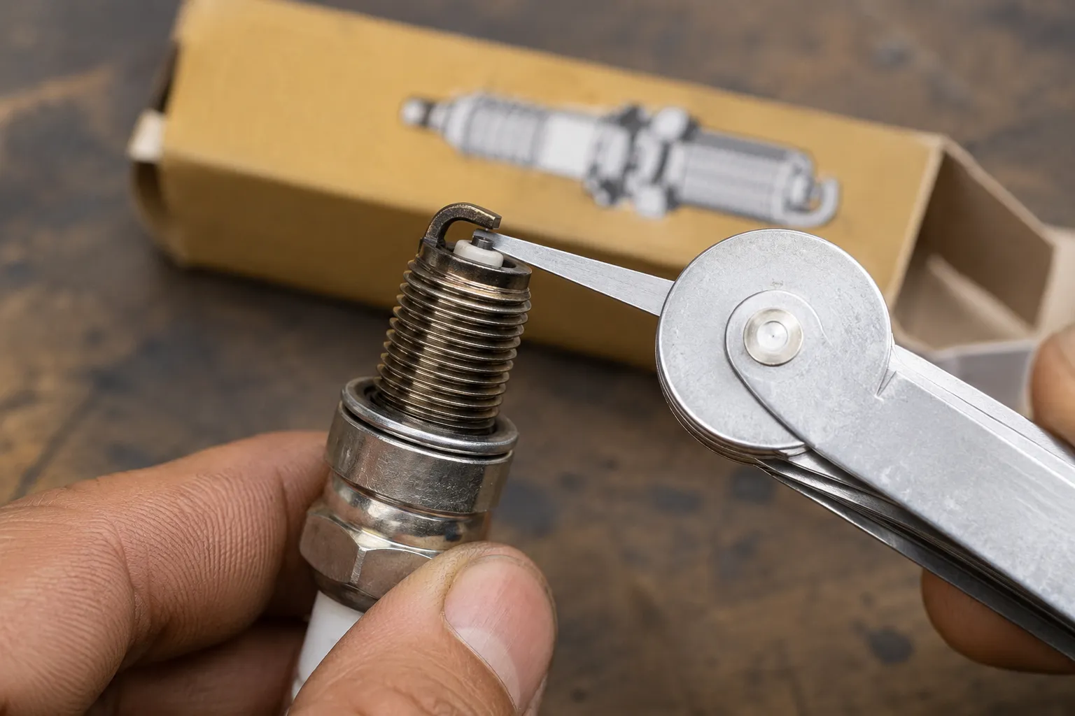 Hand using a coin-style feeler gauge to check the electrode gap on an NGK-style spark plug, with the spark plug box softly blurred in the background.