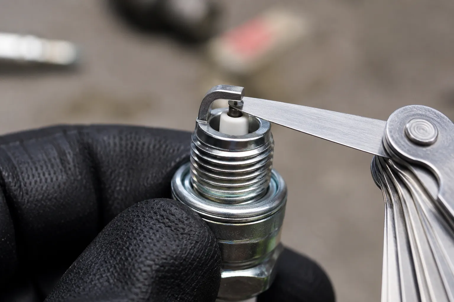 Wire feeler gauge measuring the electrode gap on a new white-ceramic lawn mower spark plug held in a gloved hand, with a softly blurred workbench in the background.