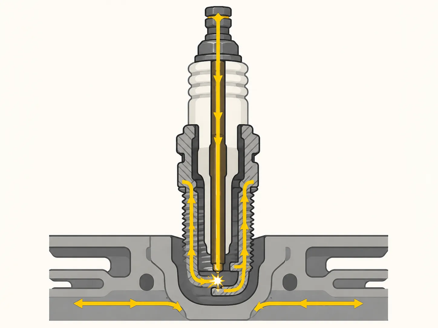 Technical illustration showing the spark plug electrical path from the terminal through the center electrode, across the gap, and back through the threaded shell into the engine block.