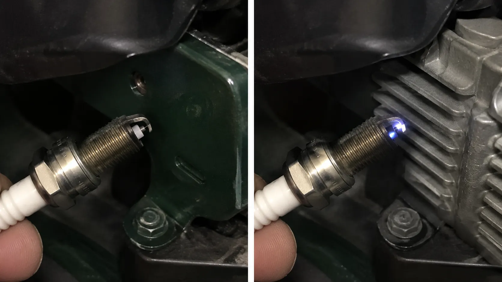 Spark plug grounding test comparison showing no spark against a painted bracket and a blue-white spark against a bare aluminum cylinder cooling fin.