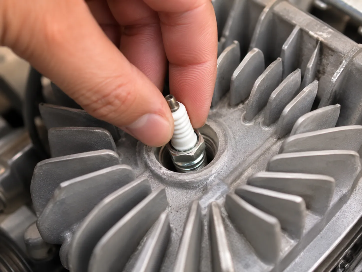 Bare fingertips carefully hand-thread a new spark plug straight into a clean aluminum engine head, ensuring proper alignment to prevent cross-threading before tightening with a tool.