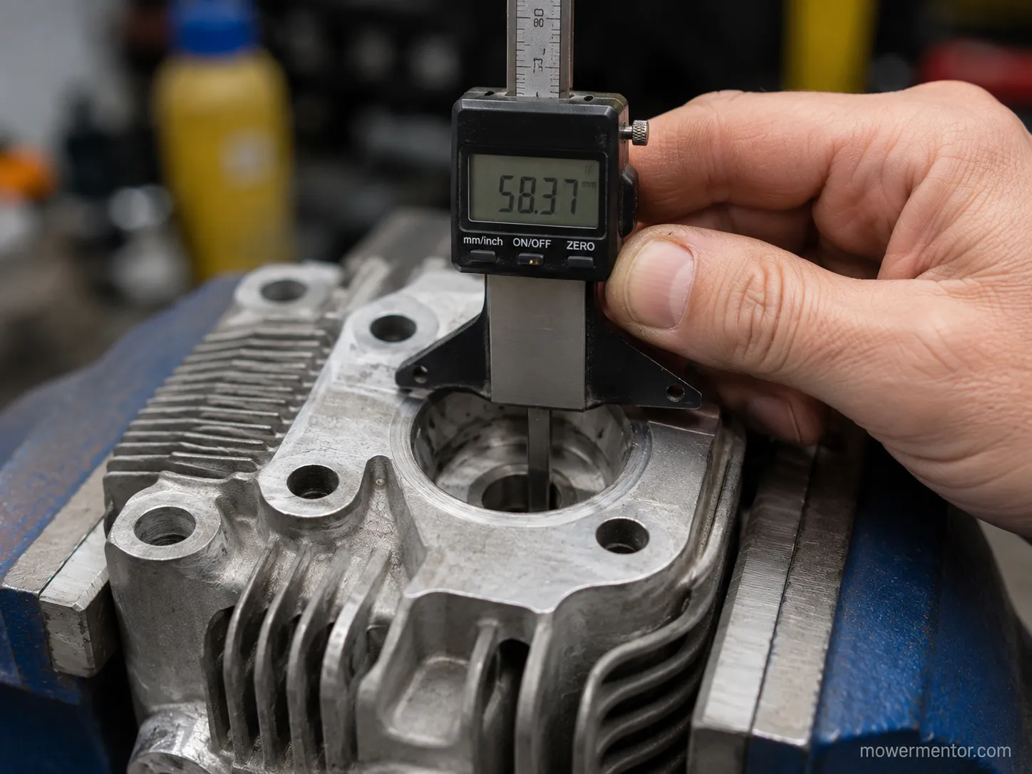 Digital depth gauge measuring a spark plug hole in an aluminum mower cylinder head secured in a vise, documenting the measured depth rather than relying on a specification sheet.