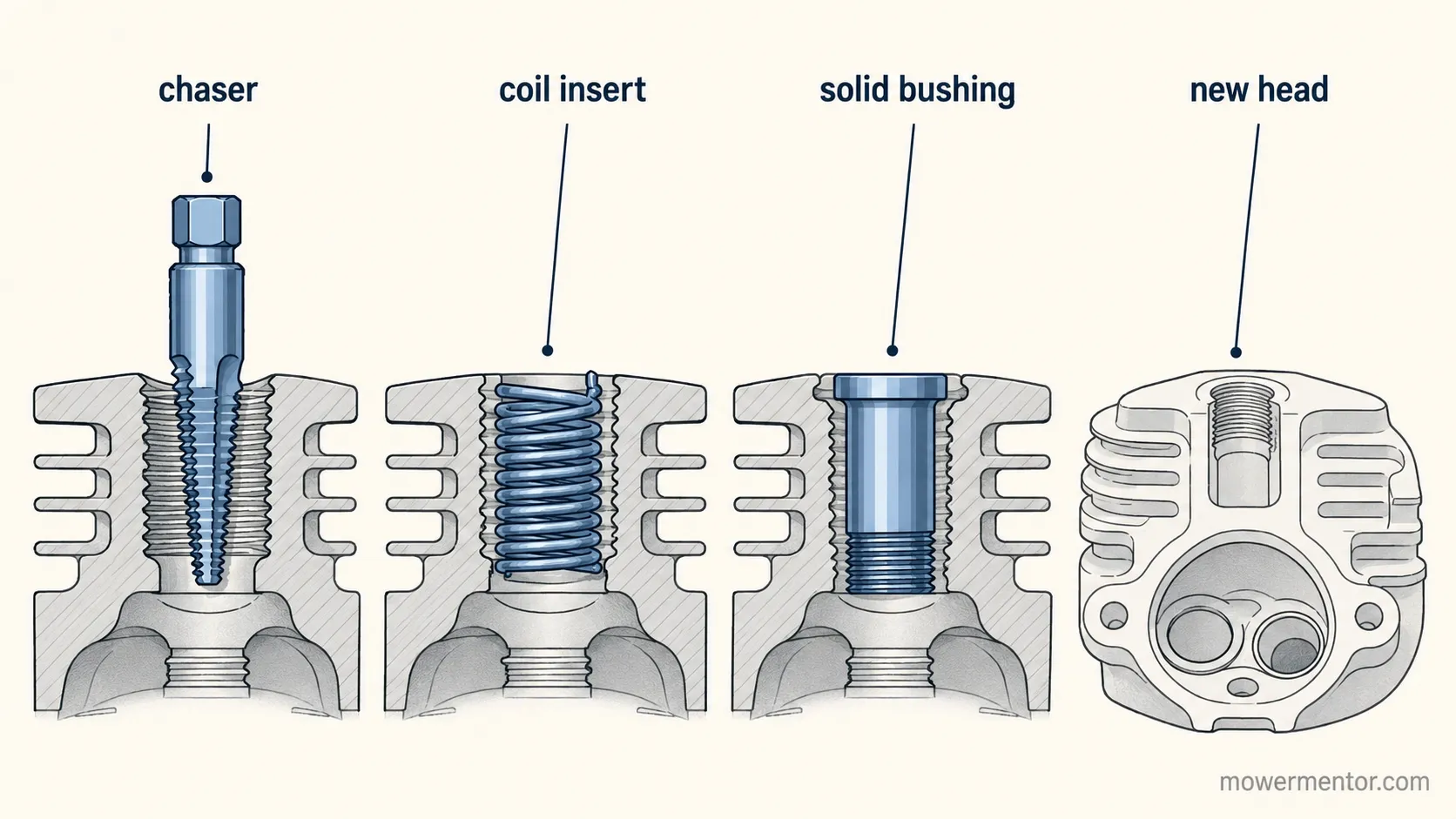 Technical cross-section diagram comparing four spark plug hole repair methods: chaser, coil insert, solid bushing, and complete cylinder head replacement.